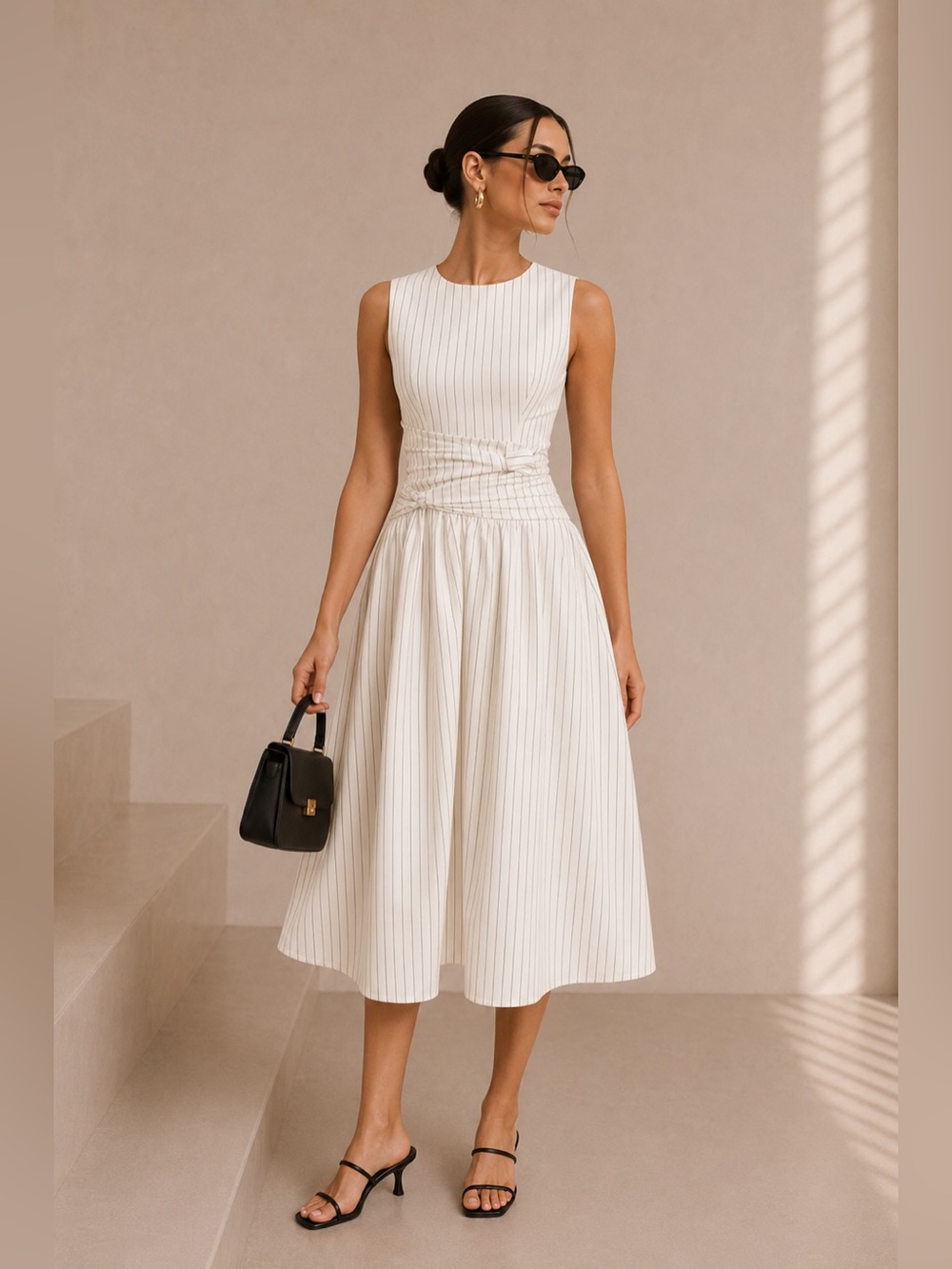 Commense White Pinstripe Sleeveless Maxi Dress with Ruched Waist